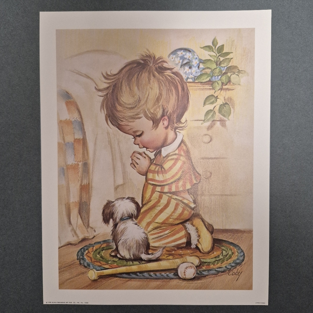 Vintage Coby Lithograph - Prayer Boy, Dog, Nursery - 1970s